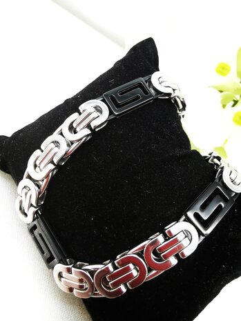 Edelstahl-Armband für Herren, zweifarbig, flaches King-Link-Schwarz/Silber mit griechischem Motiv, schwarzes Blockdesign