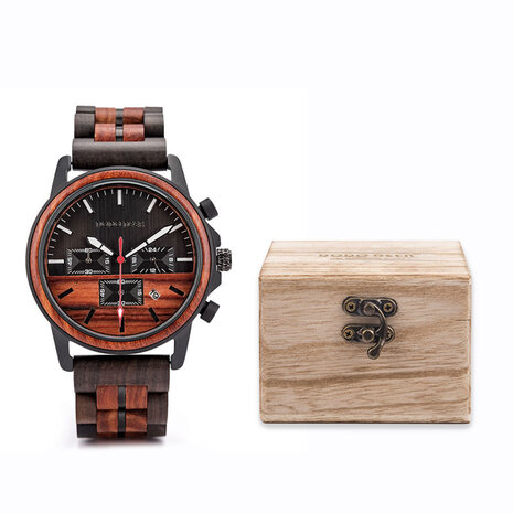 Donkerbruin houten Chronograaf horloge, band houten schakels, dag, horlogesluiting