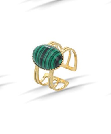 RVS goudkleurig Ring met Ovaal Malachiet 15 mm edelsteen - Verstelbare