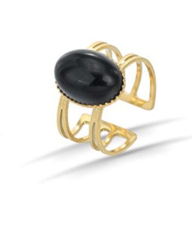 RVS goudkleurig Ring met Ovaal Obsidiaan 15 mm edelsteen - Verstelbare
