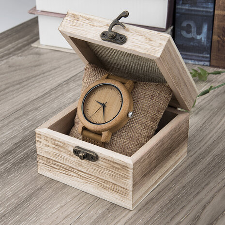 Licht houten horloge, leder met pu band, gespsluiting
