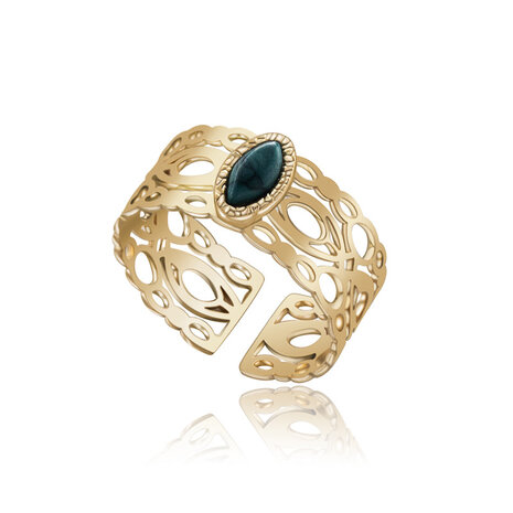 Ring aus Edelstahl, afrikanischer Türkis-Edelstein, breit, goldfarben, 18 Karat PVD-Beschichtung, verstellbar