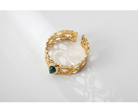 Ring aus Edelstahl, afrikanischer Türkis-Edelstein, breit, goldfarben, 18 Karat PVD-Beschichtung, verstellbar