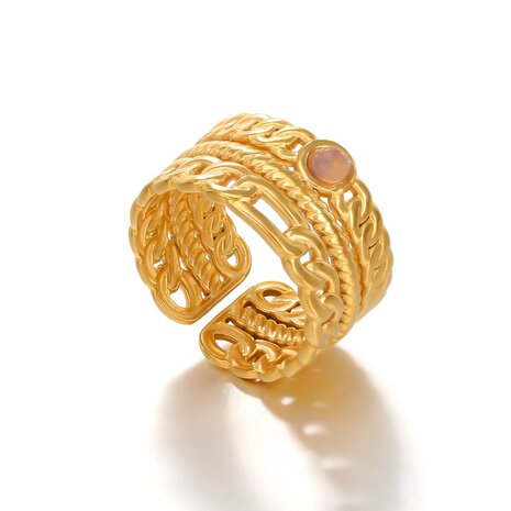 Ring aus Edelstahl, goldfarben, breites Gourmet-Glied mit Rosenquarz-Edelstein. Verstellbar