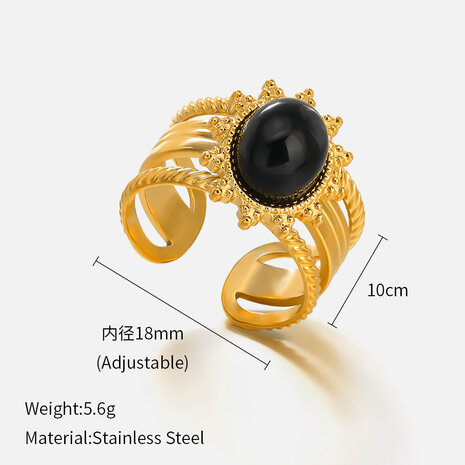 Ring aus Edelstahl, oval, blütenförmig, Obsidian-Edelstein, goldfarben, verstellbar