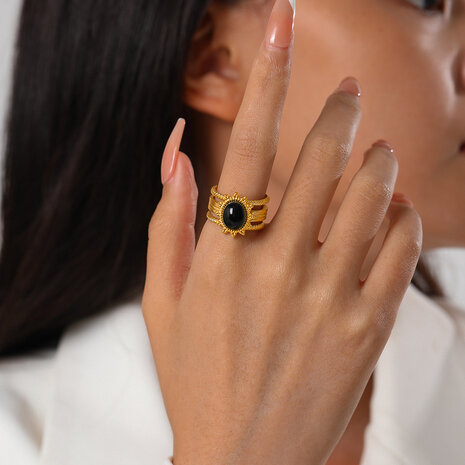 Ring aus Edelstahl, oval, blütenförmig, Obsidian-Edelstein, goldfarben, verstellbar