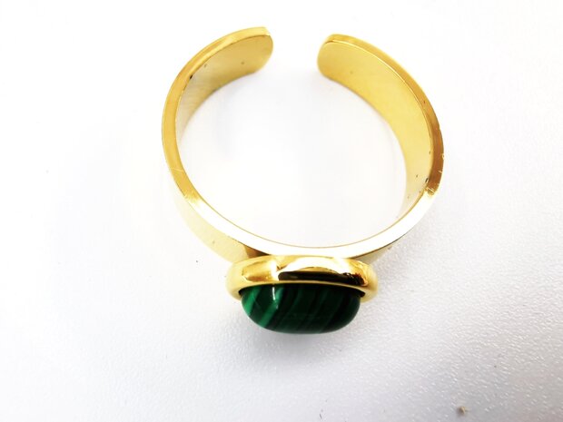 Verstellbarer Ring aus Edelstahl, goldfarben, Malachitstein.