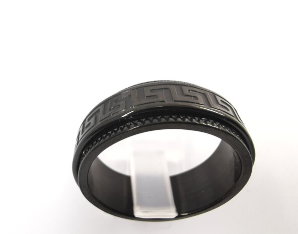 Schwarzer Anti-Stress-Ring aus Edelstahl mit gebürstetem schwarzem griechischen Zeichen, Box 36 Stück