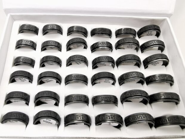 Schwarzer Anti-Stress-Ring aus Edelstahl mit gebürstetem schwarzem griechischen Zeichen, Box 36 Stück