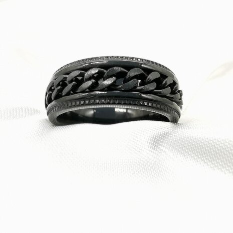 Anti-Stress-Ring aus Edelstahl schwarz mit Gliedermotiv, Box 36 Stück.