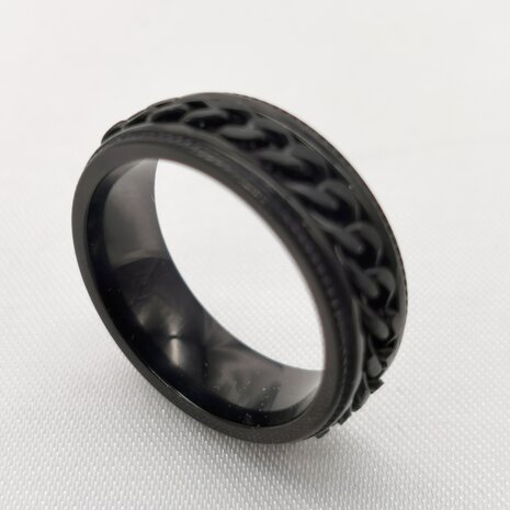 Anti-Stress-Ring aus Edelstahl schwarz mit Gliedermotiv, Box 36 Stück.