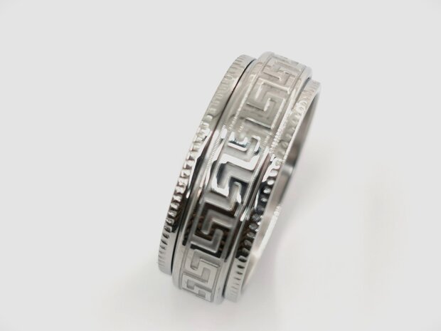 Silberfarbener Anti-Stress-Ring aus Edelstahl mit gebürstetem silbernen griechischen Zeichen, Box 36 Stück