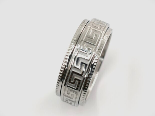 RVS Grieks meander spinner Ring in zilverkleurig mat geborsteld. doos 36 stuks 