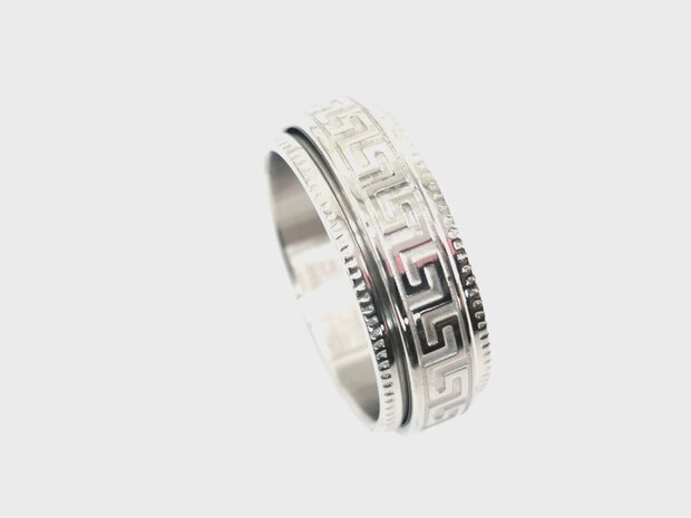 Silberfarbener Anti-Stress-Ring aus Edelstahl mit gebürstetem silbernen griechischen Zeichen, Box 36 Stück