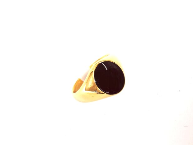 RVS Zegelring goudkleurig met zwart emaillaag ovale design. 