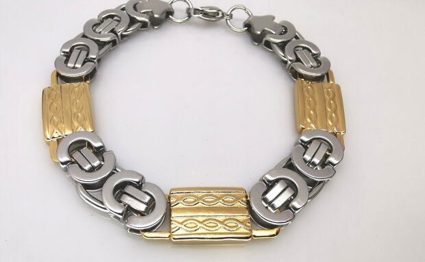 Koningsschakel armband RVS bicolor, L22-24 cm-B12 mm-zilver en goudkleurig