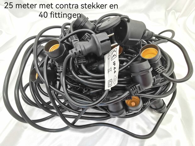 partykabel, 25 mtr 40 fittingen + contrastekker en 40 led lamp