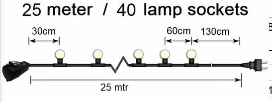 partykabel, 25 mtr 40 fittingen + contrastekker en 40 led lamp