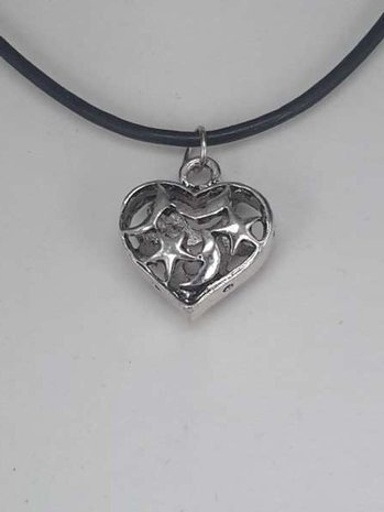 Ketting, leer, zwart, rond, 45 cm met hanger: metalen hartje "maan-ster"