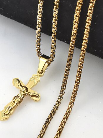 RVS Goudkleurig 60 cm Heren Ketting met Kruis met Jezus 