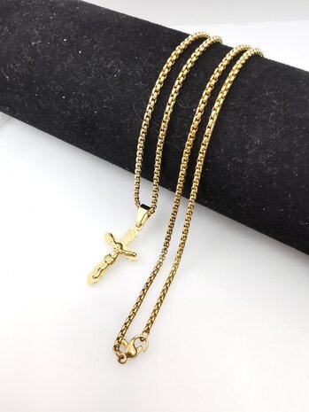 RVS Goudkleurig 60 cm Heren Ketting met Kruis met Jezus 