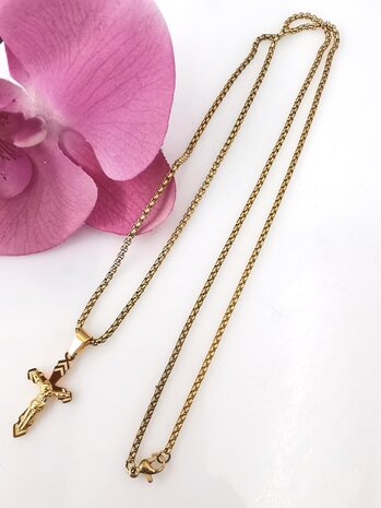 RVS Goudkleurig 60 cm Heren Ketting met Kruis met Jezus 