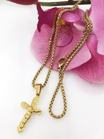 RVS Goudkleurig 60 cm Heren Ketting met Kruis met Jezus 