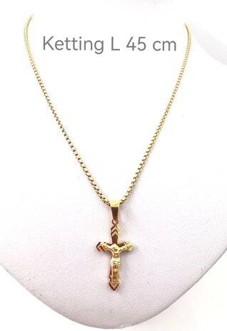 RVS Goudkleurig 45 cm Ketting met Kruis met Jezus.