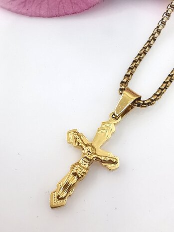 RVS Goudkleurig 45 cm Ketting met Kruis met Jezus.