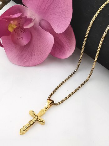 RVS Goudkleurig 45 cm Ketting met Kruis met Jezus.