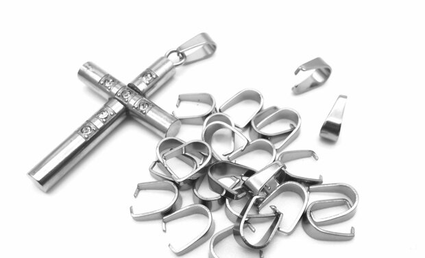 15 x klem RVS L 10 mm voor hanger, Bedel, Glas hanger, Hobby sieraden.