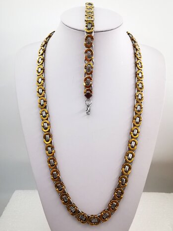 Set Koningsschakel ketting met armband, Bicolor, RVS.