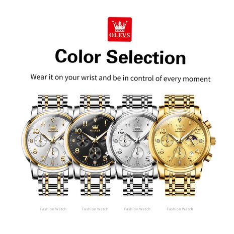 OLEVS edelstalen chronografisch quartz horloge, uren & minuten & maanfase -aanduiding en dagkalender, 4 uitvoeringen