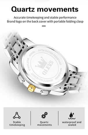 OLEVS edelstalen chronografisch quartz horloge, uren & minuten & maanfase -aanduiding en dagkalender, 4 uitvoeringen