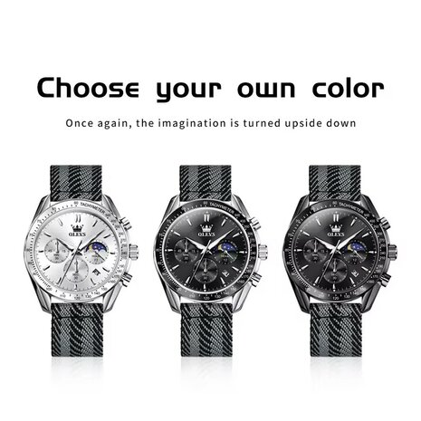 Olevs-Uhr aus Edelstahl, gewebtes Nylonarmband, Chronograph, Tachymeter, Sekunden und Minuten sowie Stunden-/Mondphasenanzeige, 3 Versionen