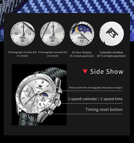 Olevs-Uhr aus Edelstahl, gewebtes Nylonarmband, Chronograph, Tachymeter, Sekunden und Minuten sowie Stunden-/Mondphasenanzeige, 3 Versionen