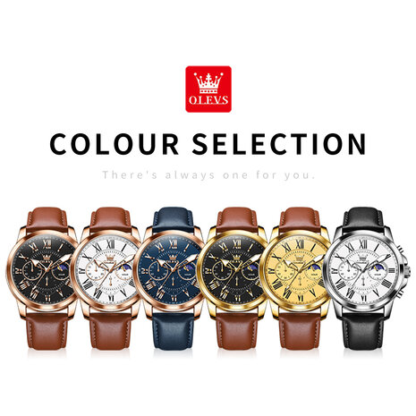 Olevs Edelstahl Chronograph Quarzuhr, Echtlederarmband, Stunden & Minuten & Mondphasenanzeige, 5 Versionen