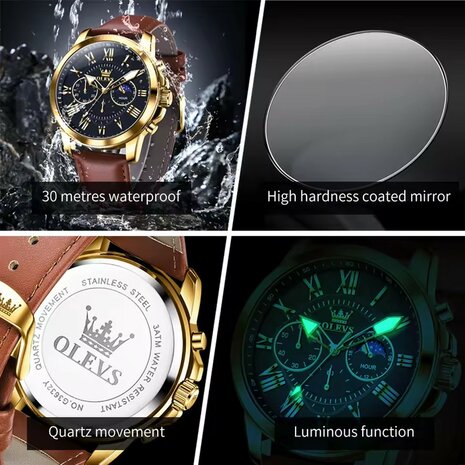 Olevs Edelstahl Chronograph Quarzuhr, Echtlederarmband, Stunden & Minuten & Mondphasenanzeige, 5 Versionen