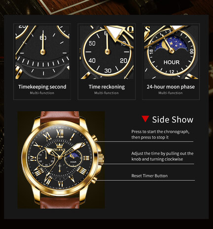 Olevs Edelstahl Chronograph Quarzuhr, Echtlederarmband, Stunden & Minuten & Mondphasenanzeige, 5 Versionen
