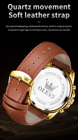 Olevs Edelstahl Chronograph Quarzuhr, Echtlederarmband, Stunden & Minuten & Mondphasenanzeige, 5 Versionen