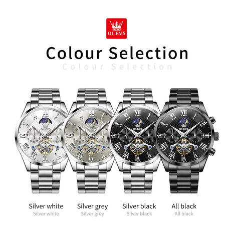 Olevs zilverkl edelstaal chronografisch quartz horloge, 2de tijdzone & uren & minuten & maanfase -aanduiding, 4 uitvoeringen