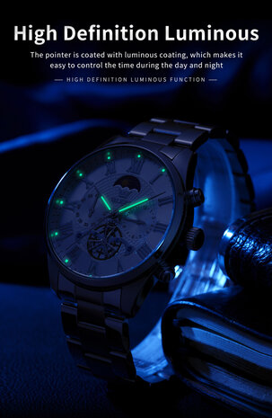 Olevs zilverkl edelstaal chronografisch quartz horloge, 2de tijdzone & uren & minuten & maanfase -aanduiding, 4 uitvoeringen