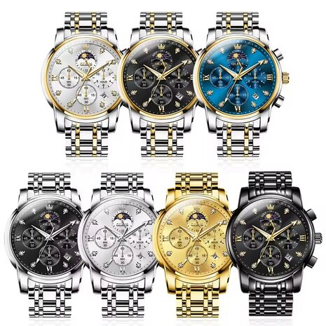 OLEVS edelstaal chronografisch quartz horloge, 2de tijdzone & uren & minuten & maanfase -aanduiding, diamant, zirkonia, 7 uitvoeringen