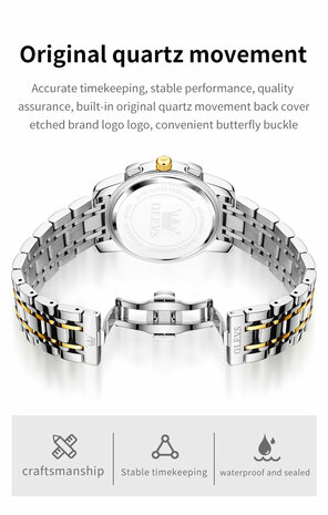 OLEVS edelstaal chronografisch quartz horloge, 2de tijdzone & uren & minuten & maanfase -aanduiding, diamant, zirkonia, 7 uitvoeringen