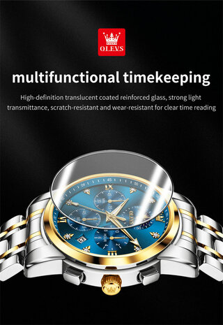 OLEVS edelstaal chronografisch quartz horloge, 2de tijdzone & uren & minuten & maanfase -aanduiding, diamant, zirkonia, 7 uitvoeringen