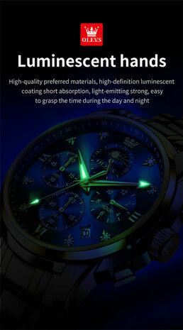 OLEVS edelstaal chronografisch quartz horloge, 2de tijdzone & uren & minuten & maanfase -aanduiding, diamant, zirkonia, 7 uitvoeringen