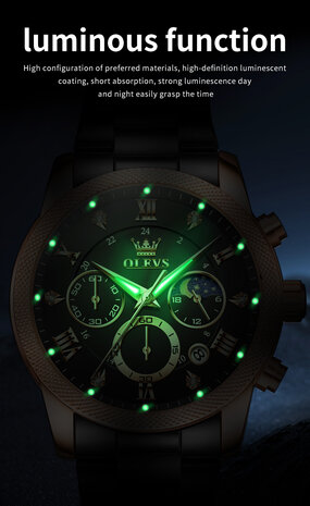 OLEVS edelstaal chronografisch quartz horloge, uren & minuten & maanfase -aanduiding, diamant, zirkonia, 3 uitvoeringen