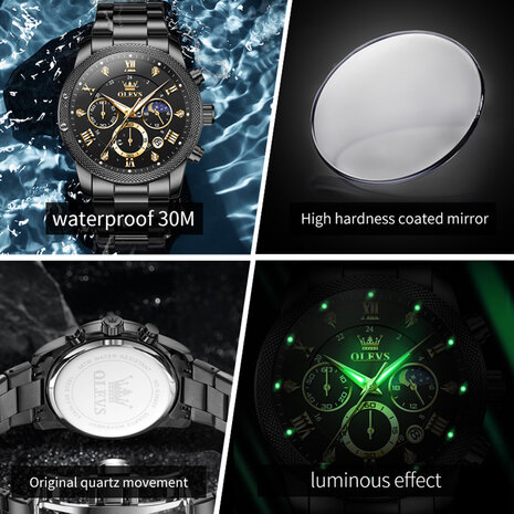OLEVS edelstaal chronografisch quartz horloge, uren & minuten & maanfase -aanduiding, diamant, zirkonia, 3 uitvoeringen