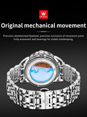 OLEVS mechanische edelstaal horloge, maand-dag, seconden, jaar, maand, 24u maanfase - aanduiding, 3 uitvoeringen