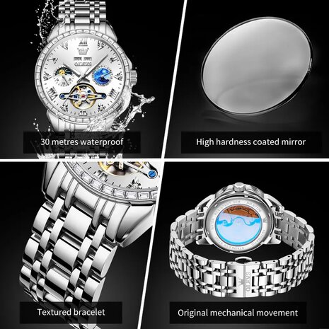 OLEVS mechanische edelstaal horloge, maand-dag, seconden, jaar, maand, 24u maanfase - aanduiding, 3 uitvoeringen